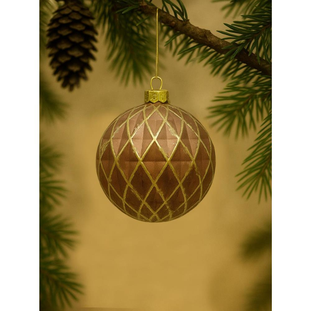 Yılbaşı Topu Altın Eskitme Detaylı Geometrik Form Çam Ağacı Süsü Bakır 10 cm 2'li