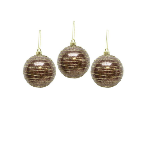 Yılbaşı Topu Altın Işıltılı Simli Çam Ağacı Süsü Bakır 8 cm 3'lü