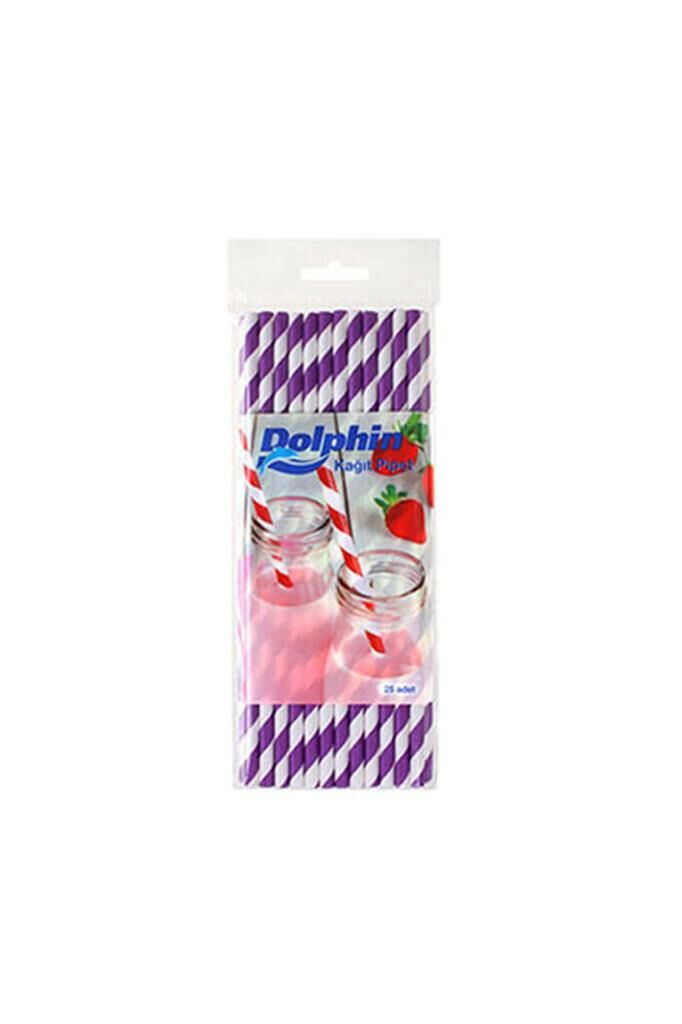 Mor Çizgili Beyaz Kağıt Pipet