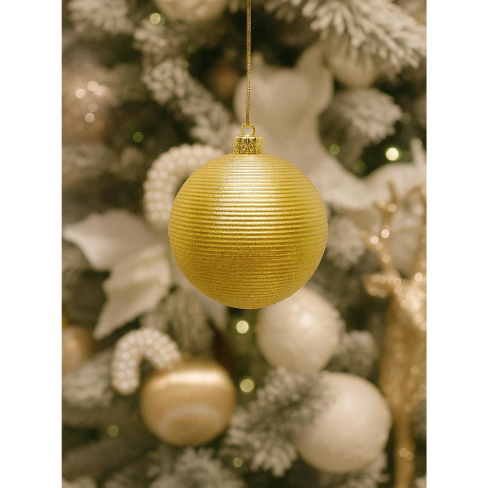 Yılbaşı Topu İnce Çizgi Dokulu Çam Ağacı Süsü Altın 8 cm 3'lü