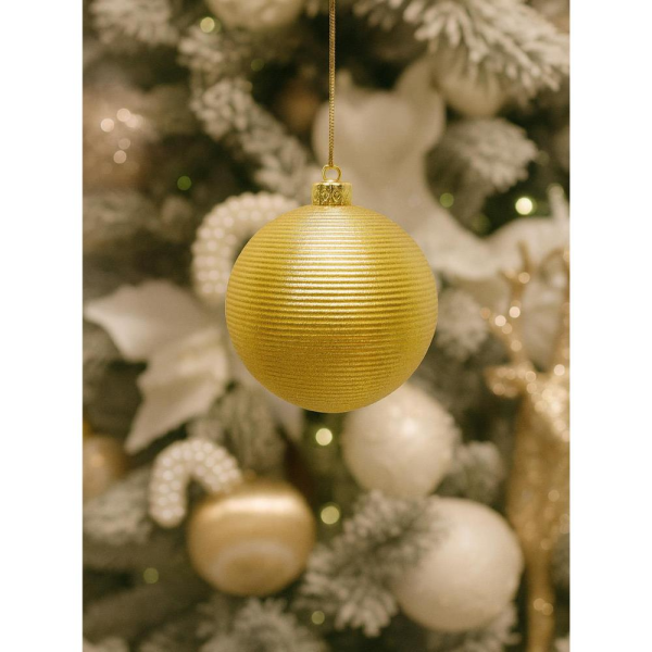 Yılbaşı Topu İnce Çizgi Dokulu Çam Ağacı Süsü Altın 8 cm 3'lü