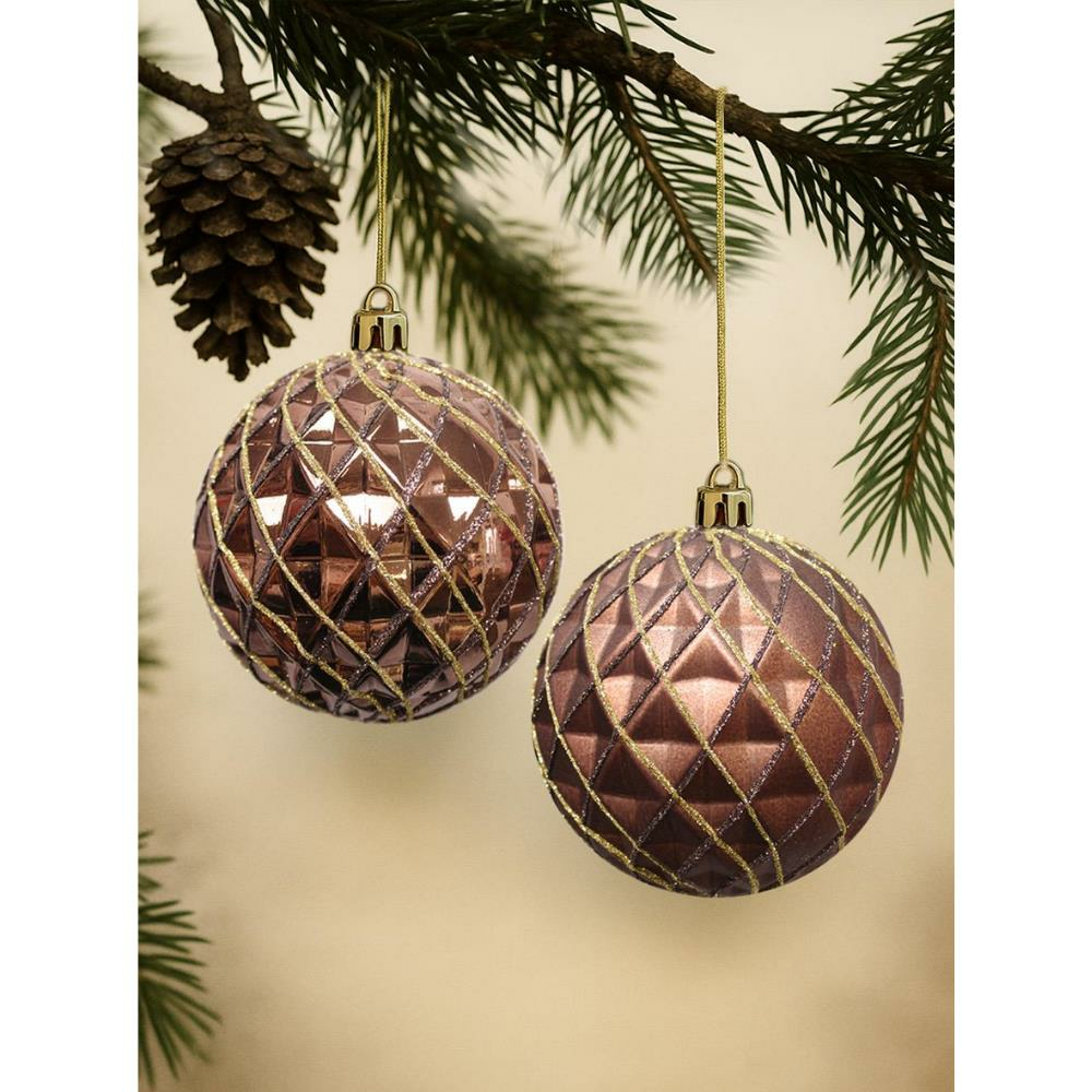 Yılbaşı Topu Altın Sim Detaylı Geometrik Çam Ağacı Süsü Bakır 10 cm 2'li