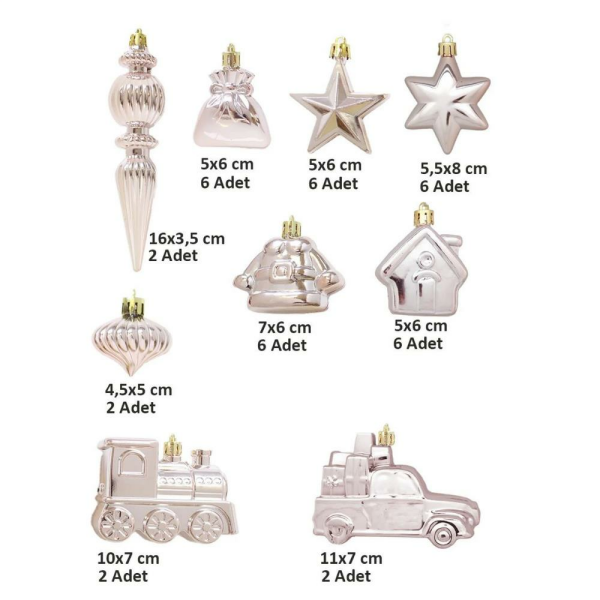 Yılbaşı Ağaç Süsleri Karışık Set Asılabilir Dekoratif Süs Şampanya Rengi 38'li