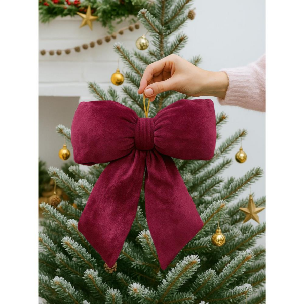 Yılbaşı Ağaç Süsü Kadife Fiyonk Elyaf Dolgulu Kurdele Dekor Süsü Bordo 26 cm
