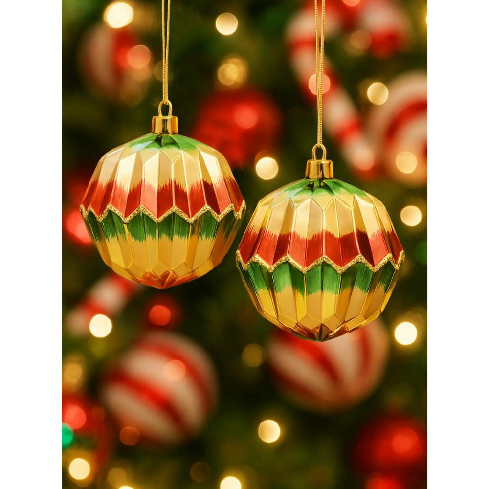 Yılbaşı Topu Zig Zag Geometrik Dokulu Çam Ağacı Süsü Renkli  10 cm 2'li
