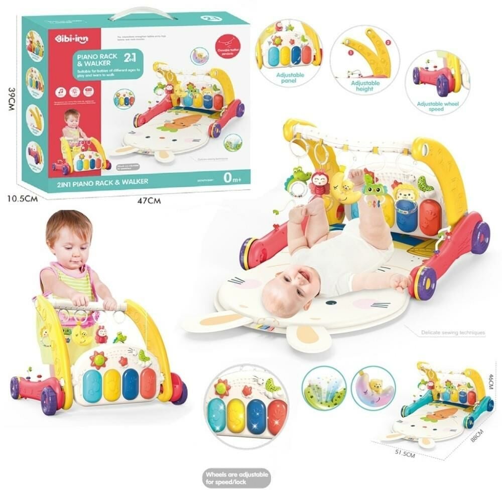 Piyanolu 2 in 1 Bebek Yürüteci ve Tavşan Desenli Kırmızı Oyun Halısı