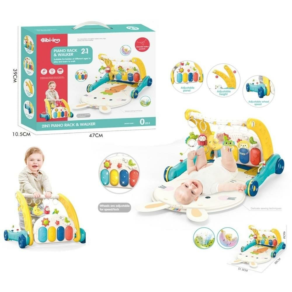 Piyanolu 2 in 1 Bebek Yürüteci ve Tavşan Desenli Mavi Oyun Halısı