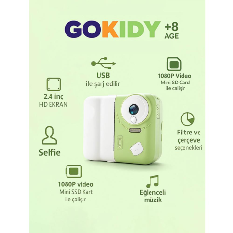 Anında Baskı Yapabilen Dijital Çocuk Kamerası – 1080P, HD Ekran, Selfie ve Müzik Özellikli