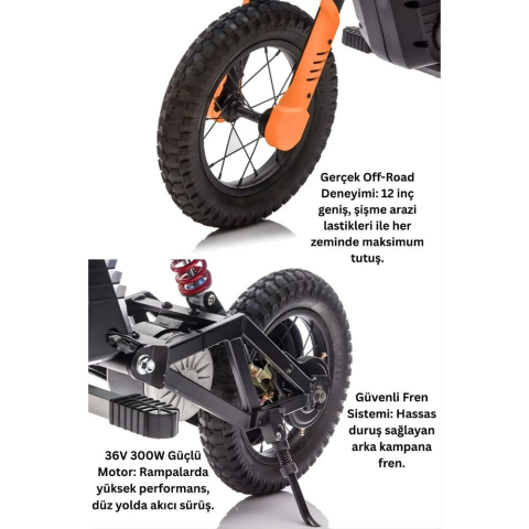 Furkan Elektrikli Çocuk Motosikleti F7 - 300W 36V Mini Motocross - 3 Hız Modu - 12 İnç Lastik 8-14 Yaş
