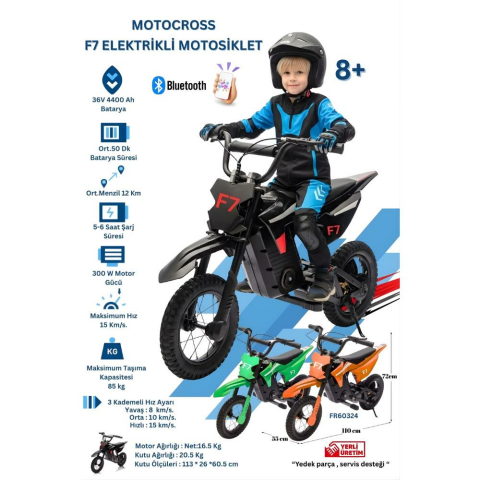 Furkan Elektrikli Çocuk Motosikleti F7 - 300W 36V Mini Motocross - 3 Hız Modu - 12 İnç Lastik 8-14 Yaş