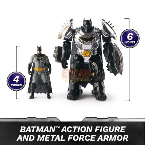 DC Comics, Metal Force Batman Aksiyon Figürü, 15 cm Boyutunda ve 10 Cm Mini Figürlü, Yerleşik Patlayıcı ve Zırh Takımı, 4 Yaş ve üzeri Kız ve Erkek Çocuklar İçin Süper Kahraman Oyuncakları