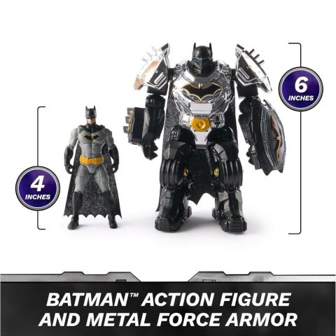 DC Comics, Metal Force Batman Aksiyon Figürü, 15 cm Boyutunda ve 10 Cm Mini Figürlü, Yerleşik Patlayıcı ve Zırh Takımı, 4 Yaş ve üzeri Kız ve Erkek Çocuklar İçin Süper Kahraman Oyuncakları