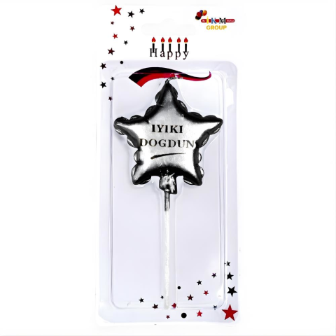 İyiki Doğdun Doğum Günü Mumu Yıldız Desenli Gümüş Mum