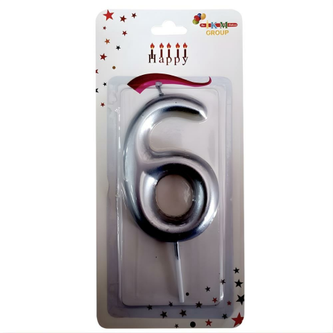6 Yaş Büyük Boy Rakam Mum GÜMÜŞ SILVER 6 Yaş Doğum Günü Mumu 6 Yaş Mumu