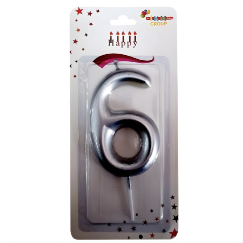 6 Yaş Büyük Boy Rakam Mum GÜMÜŞ SILVER 6 Yaş Doğum Günü Mumu 6 Yaş Mumu