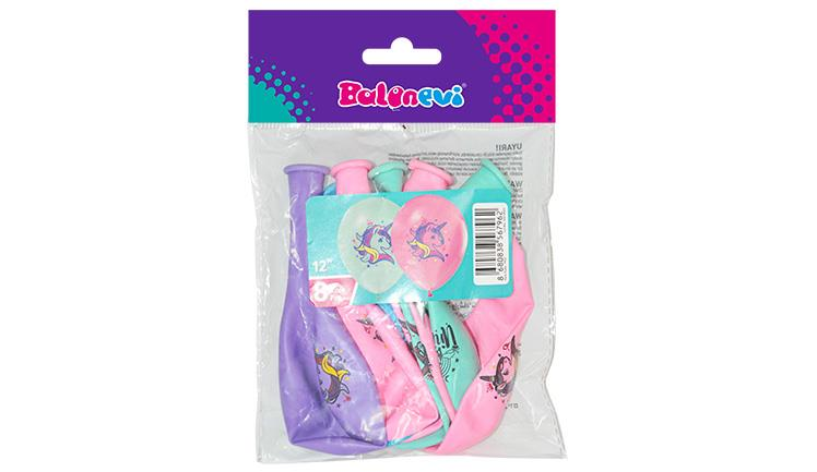 4+1 Rainbow Unicorn Baskılı 12'' Balon 8'li