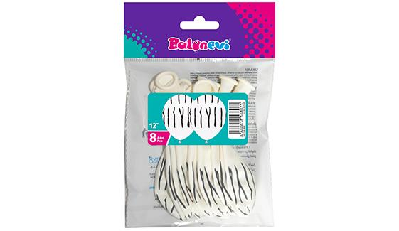 Zebra Bask. Beyaz 12 '' Balon 8'li