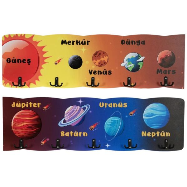 Uzay Temalı Ahşap Anaokulu Kreş Askılık