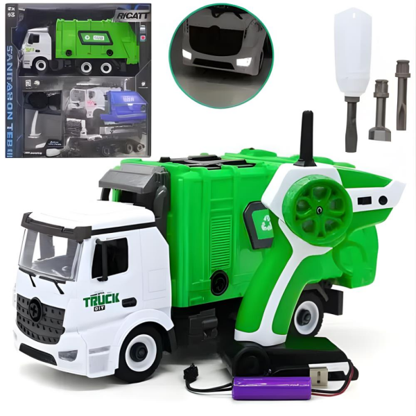 RC Sök-Tak Çöp Kamyonu – USB Şarjlı 1:18 Mühendislik Oyuncak + 2.4 GHz Uzaktan Kumandalı