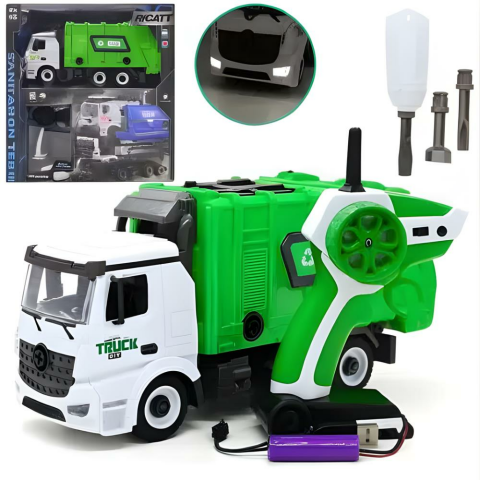 RC Sök-Tak Çöp Kamyonu – USB Şarjlı 1:18 Mühendislik Oyuncak + 2.4 GHz Uzaktan Kumandalı