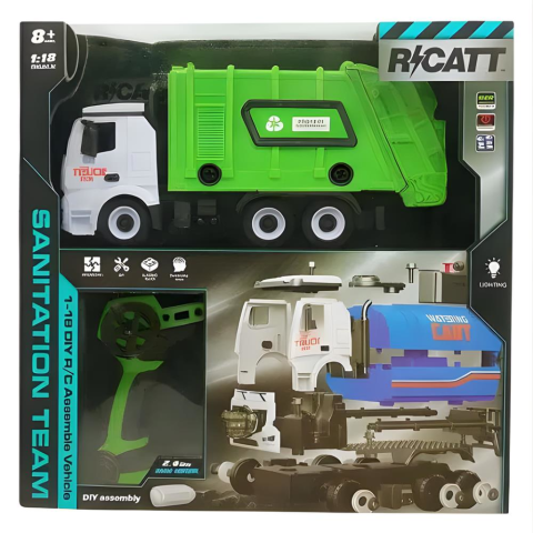 RC Sök-Tak Çöp Kamyonu – USB Şarjlı 1:18 Mühendislik Oyuncak + 2.4 GHz Uzaktan Kumandalı