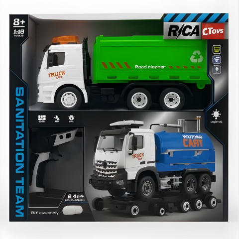 RC Sök-Tak Çöp Kamyonu – USB Şarjlı 1:18 Mühendislik Oyuncak + 2.4 GHz Uzaktan Kumandalı