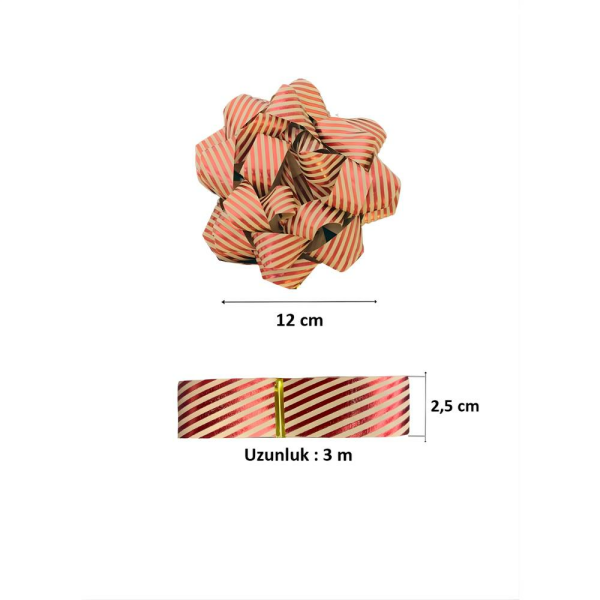 Hediye Paketleme Seti Kağıt Fiyonk ve Kurdele Kırmızı-Kraft Çizgili