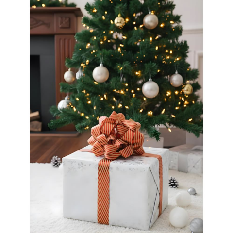 Hediye Paketleme Seti Kağıt Fiyonk ve Kurdele Kırmızı-Kraft Çizgili