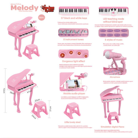 Vardem Mikrofonlu 37 Tuşlu Mp3 Çalar Büyük Pembe Piyano
