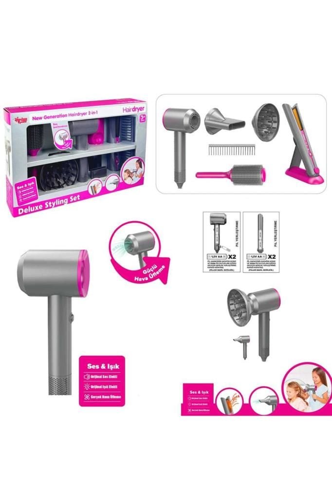 Hair Dryer Lüks Saç Bakım Seti 2in1 Sesli Işıklı 3+ Çocuklar İçin Saç Tasarımı