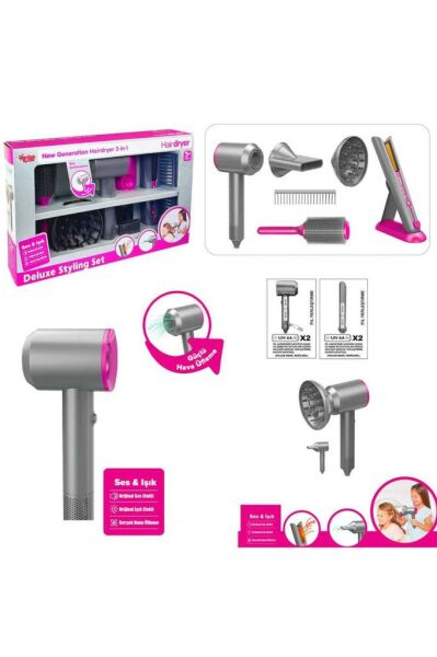 Hair Dryer Lüks Saç Bakım Seti 2in1 Sesli Işıklı 3+ Çocuklar İçin Saç Tasarımı