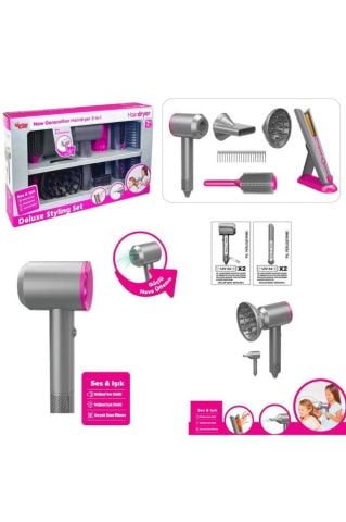 Hair Dryer Lüks Saç Bakım Seti 2in1 Sesli Işıklı 3+ Çocuklar İçin Saç Tasarımı