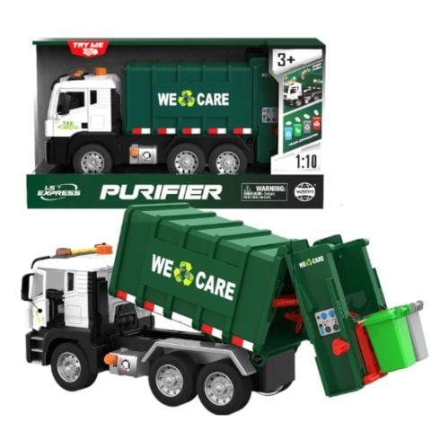 1:10 Sesli Işıklı Pilli Basma ile Kalkan Damberli Çöp Kamyonu Koyu Yeşil WY1115A