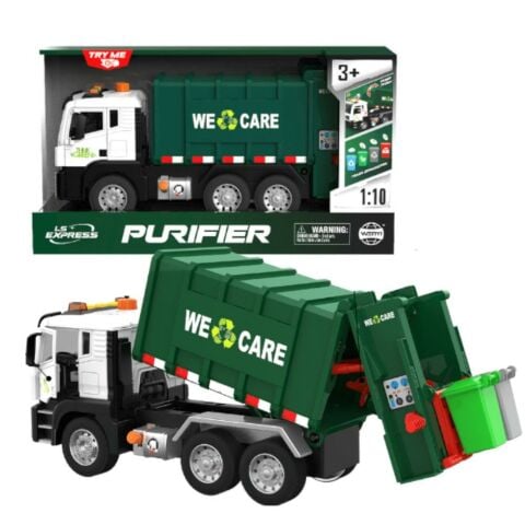 1:10 Sesli Işıklı Pilli Basma ile Kalkan Damberli Çöp Kamyonu Koyu Yeşil WY1115A