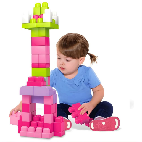 MEGA Büyük Bloklar 60'lı Blok Torbası (Yeşil) Mega Bloks 60'lı Blok Torbaları (Mavi/Pembe), Büyük Boyutlu Bloklar, 1 Yaştan İtibaren Uygun, Doğa Dostu Saklama Çantası Dahil
