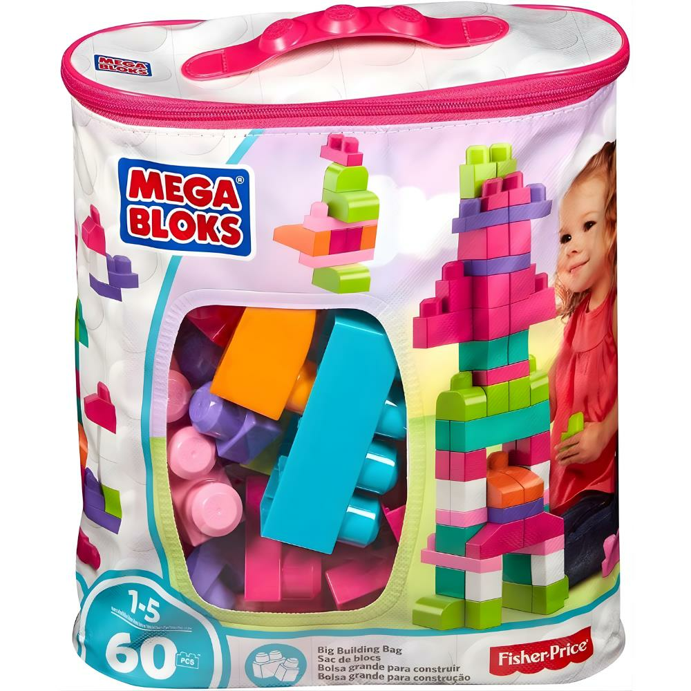 MEGA Büyük Bloklar 60'lı Blok Torbası (Yeşil) Mega Bloks 60'lı Blok Torbaları (Mavi/Pembe), Büyük Boyutlu Bloklar, 1 Yaştan İtibaren Uygun, Doğa Dostu Saklama Çantası Dahil