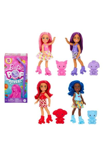 Barbie Pop Reveal Chelsea Small Doll, Fruit Series with 5 Surprises Including Pop-It Pet & Accessories