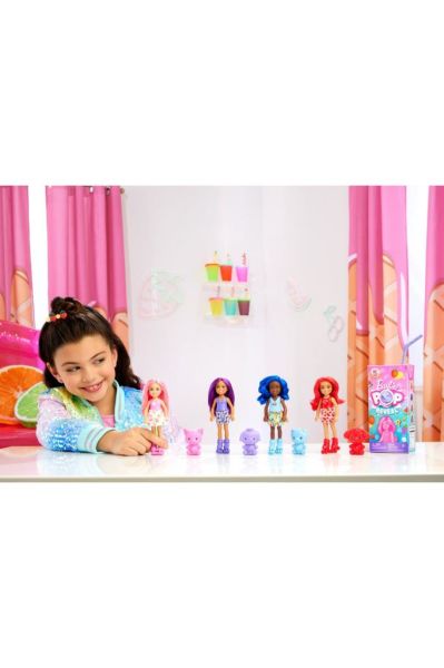Barbie Pop Reveal Chelsea Small Doll, Fruit Series with 5 Surprises Including Pop-It Pet & Accessories