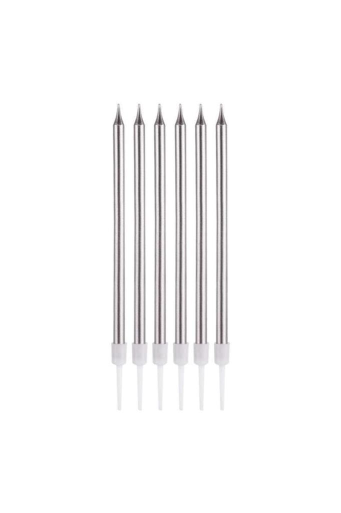 Gümüş Renk İnce Uzun Mum 6 Adet 14 cm