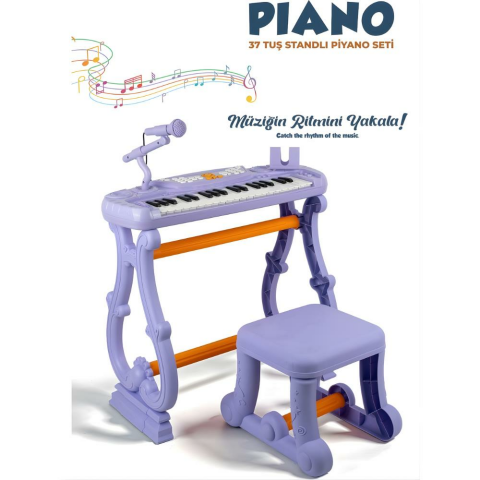 37 Tuşlu Standlı Tabureli Piyano Seti Mikrofonlu Karaoke Lila