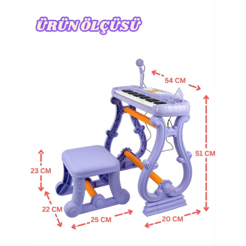 37 Tuşlu Standlı Tabureli Piyano Seti Mikrofonlu Karaoke Lila