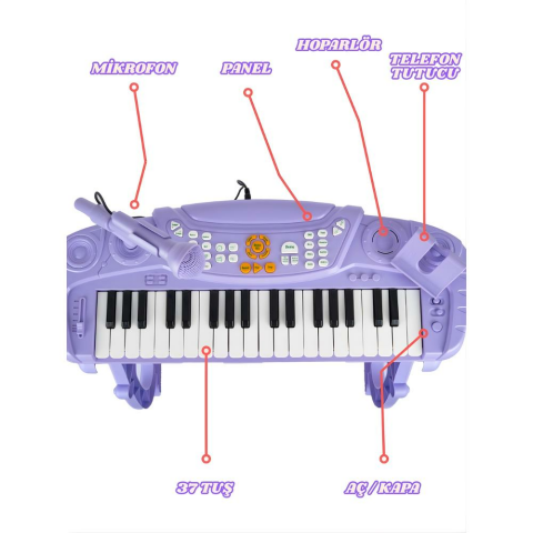 37 Tuşlu Standlı Tabureli Piyano Seti Mikrofonlu Karaoke Lila