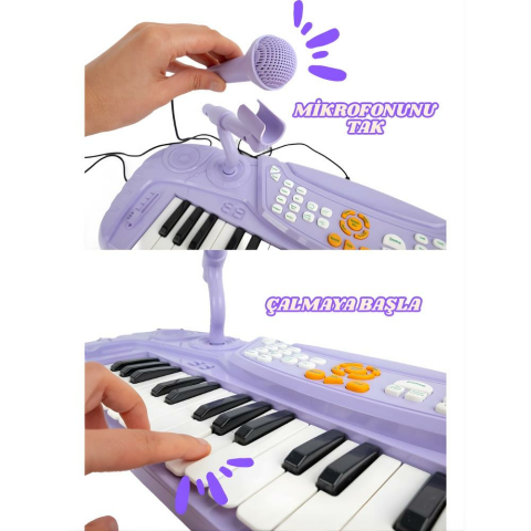 37 Tuşlu Standlı Tabureli Piyano Seti Mikrofonlu Karaoke Lila