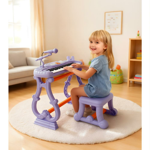 37 Tuşlu Standlı Tabureli Piyano Seti Mikrofonlu Karaoke Lila