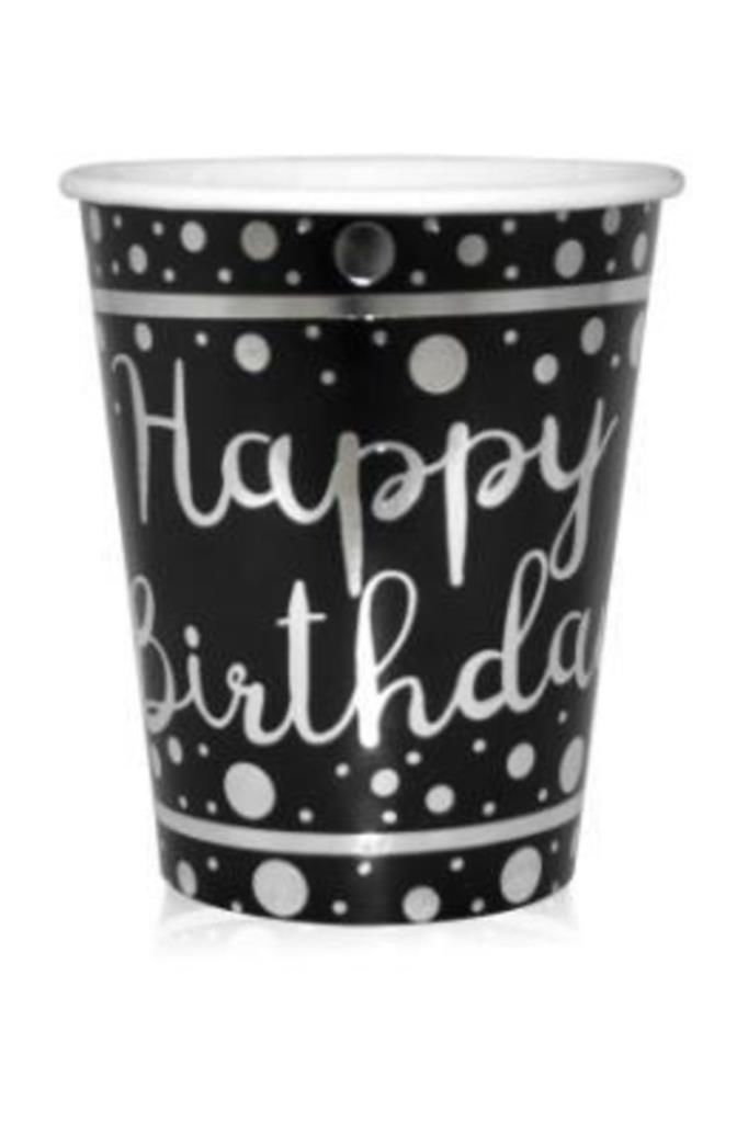 Happy Bırthday Parlak Varak Baskılı 8 Oz Siyah 6 Adet