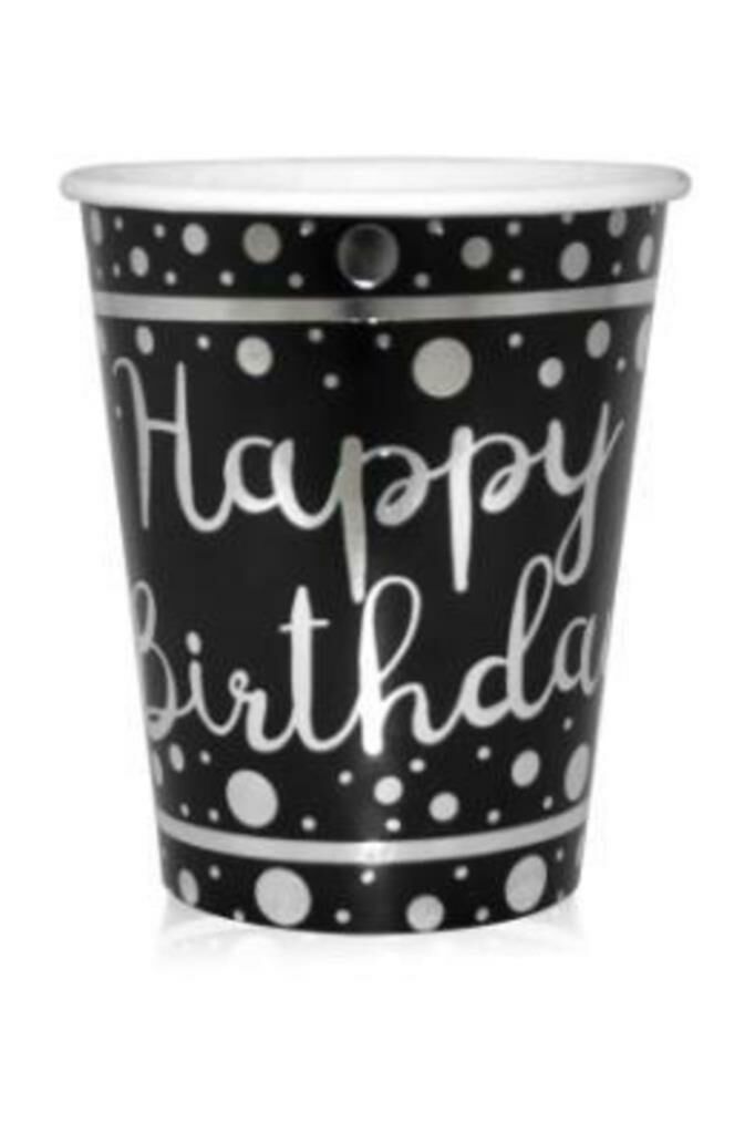Happy Birthday Parlak Varak Baskılı 8 Oz Siyah 6 Adet