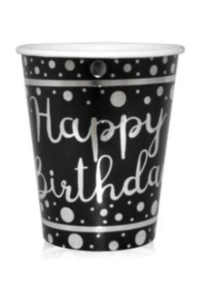 Happy Bırthday Parlak Varak Baskılı 8 Oz Siyah 6 Adet