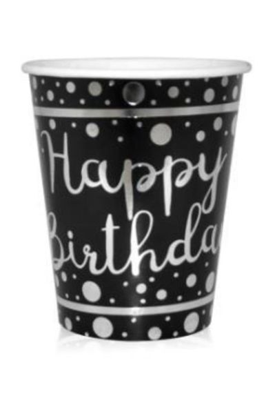 Happy Birthday Parlak Varak Baskılı 8 Oz Siyah 6 Adet
