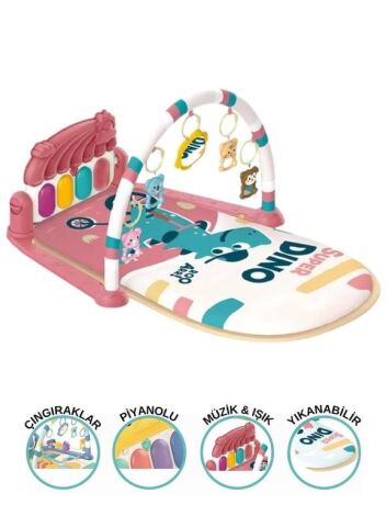 Vardem Bebek Oyun Halısı (Piyanolu Gökkuşağı Dinozor Desenli)