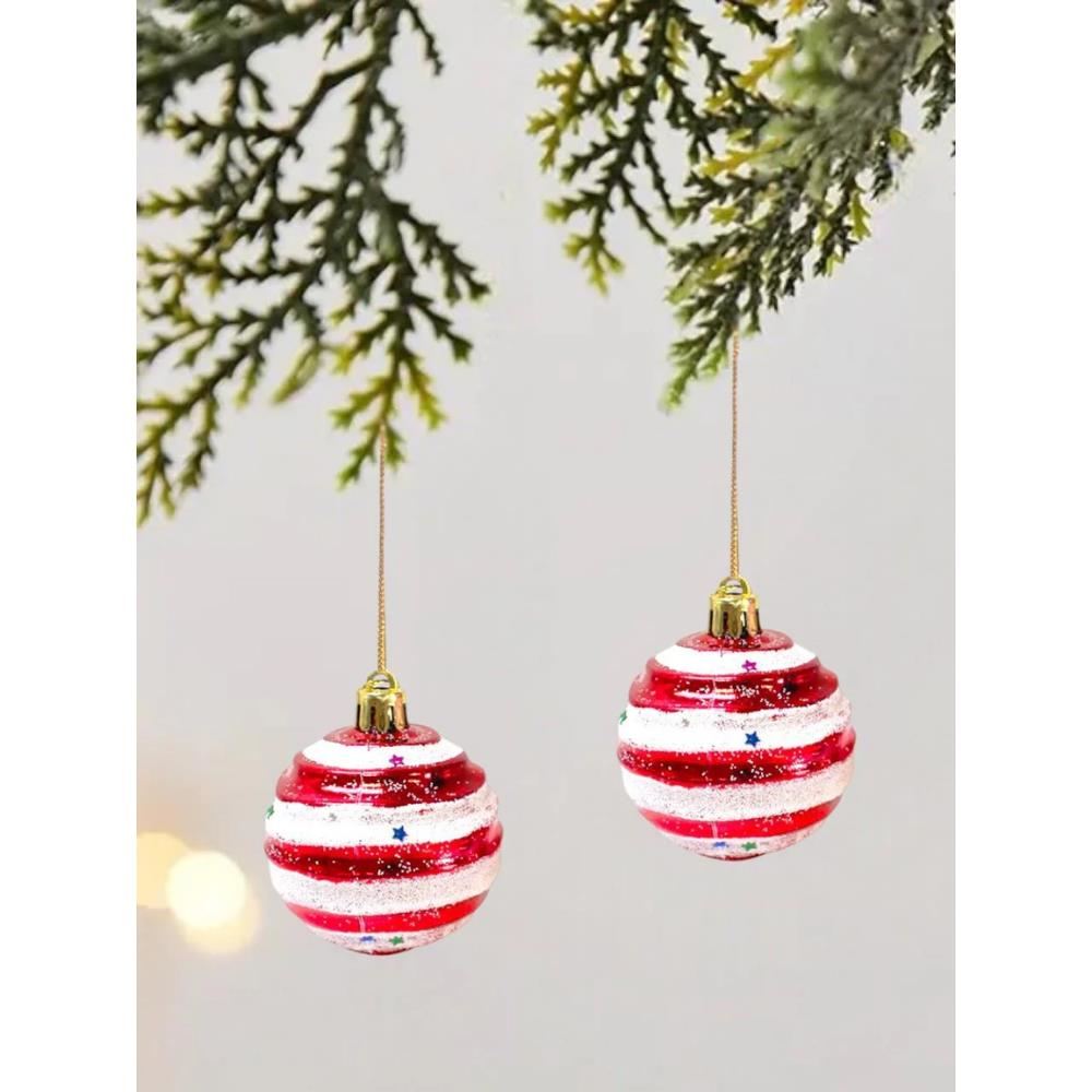 Yılbaşı Topları Kırmızı Beyaz Çizgili Çam Ağacı Süsleri 6 cm 6'lı